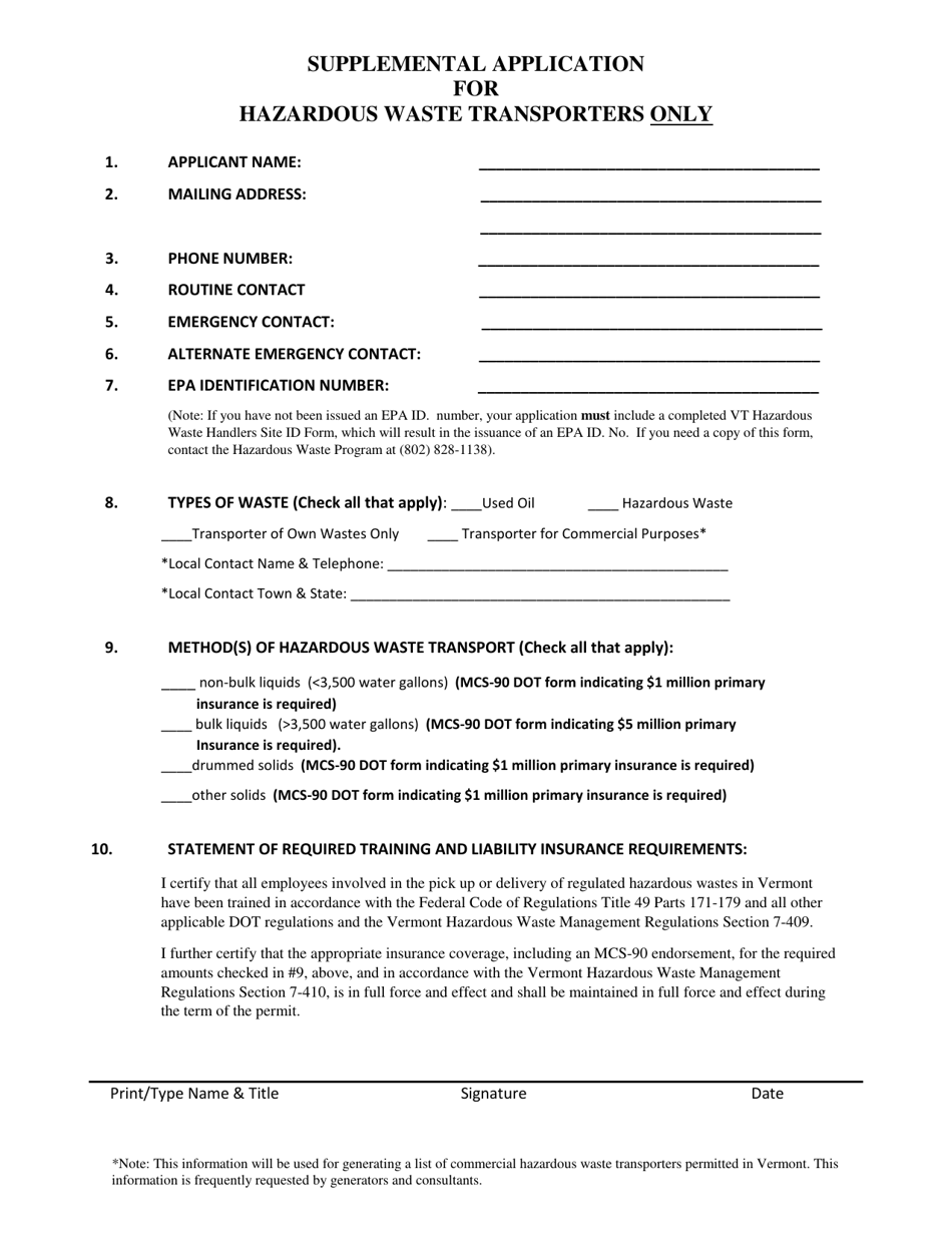 Supplemental Application for Hazardous Waste Transporters Only - Vermont, Page 1