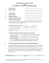 Document preview: Supplemental Application for Hazardous Waste Transporters Only - Vermont