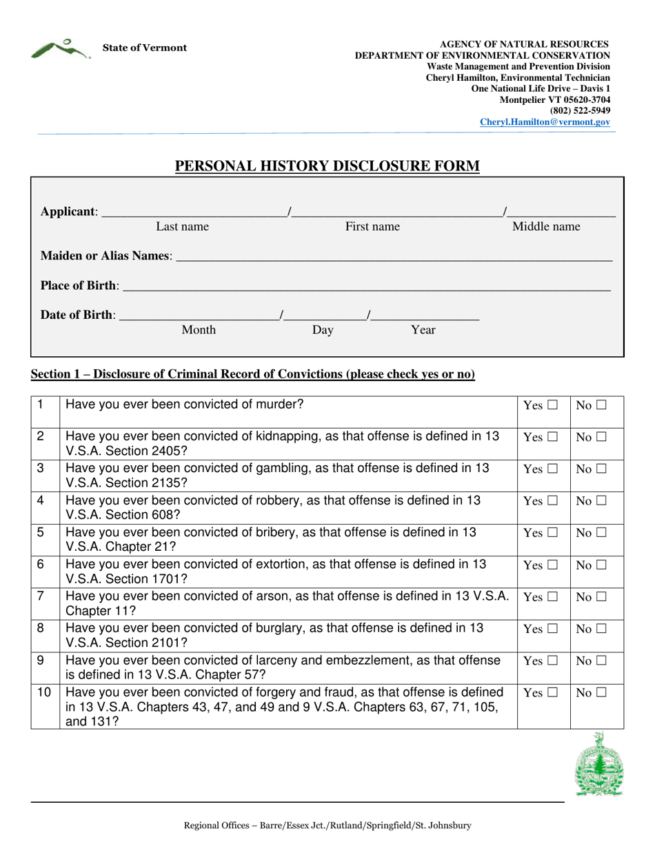 Personal History Disclosure Form - Vermont, Page 1