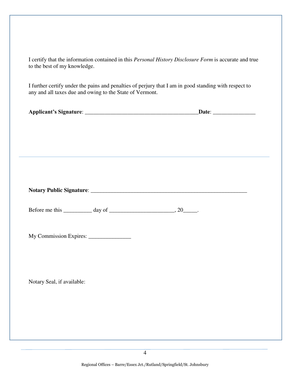 Personal History Disclosure Form - Vermont, Page 4