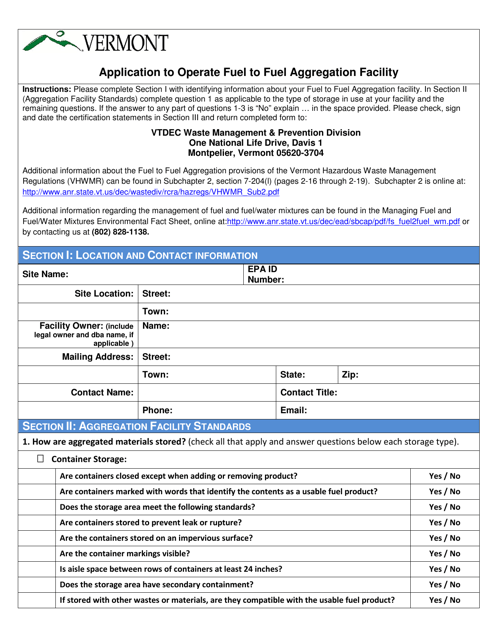 Application to Operate Fuel to Fuel Aggregation Facility - Vermont Download Pdf