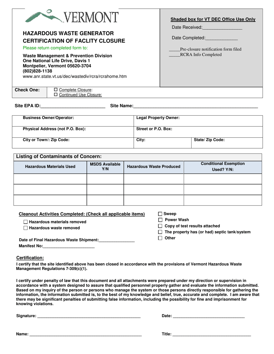 Hazardous Waste Generator Certification of Facility Closure - Vermont, Page 1