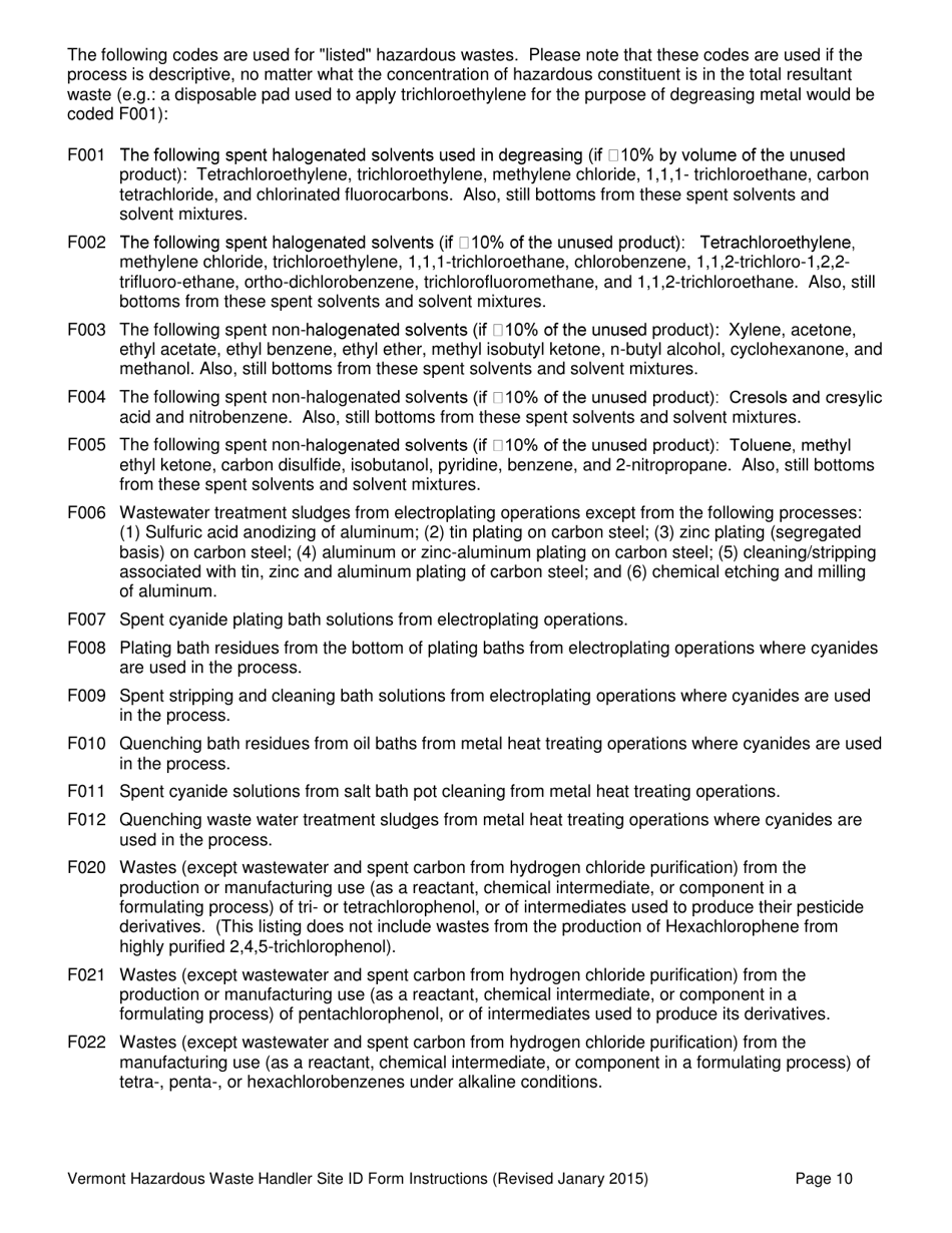 Instructions for Vt Hazardous Waste Handler Site Id Form - Vermont, Page 10