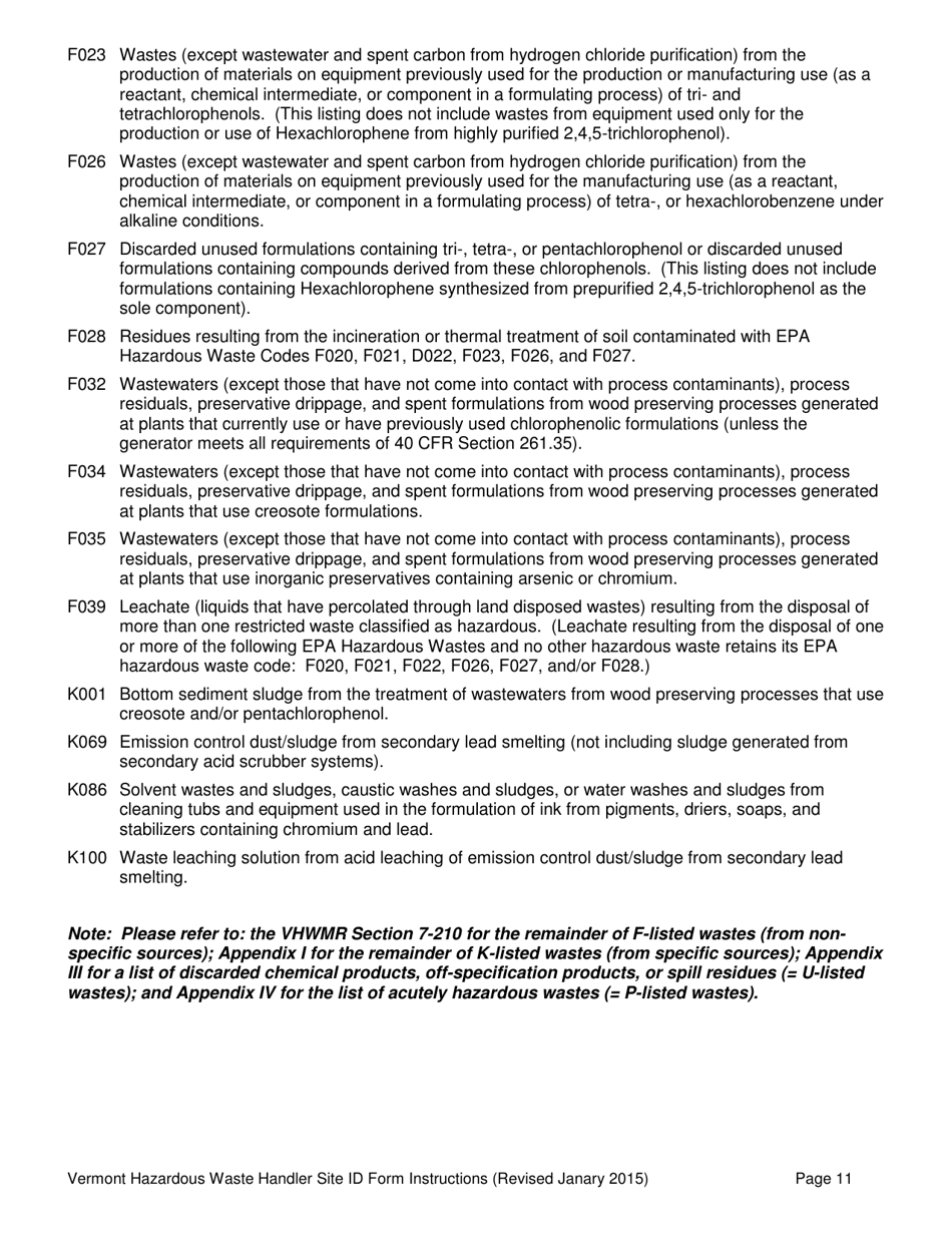 Instructions for Vt Hazardous Waste Handler Site Id Form - Vermont, Page 11