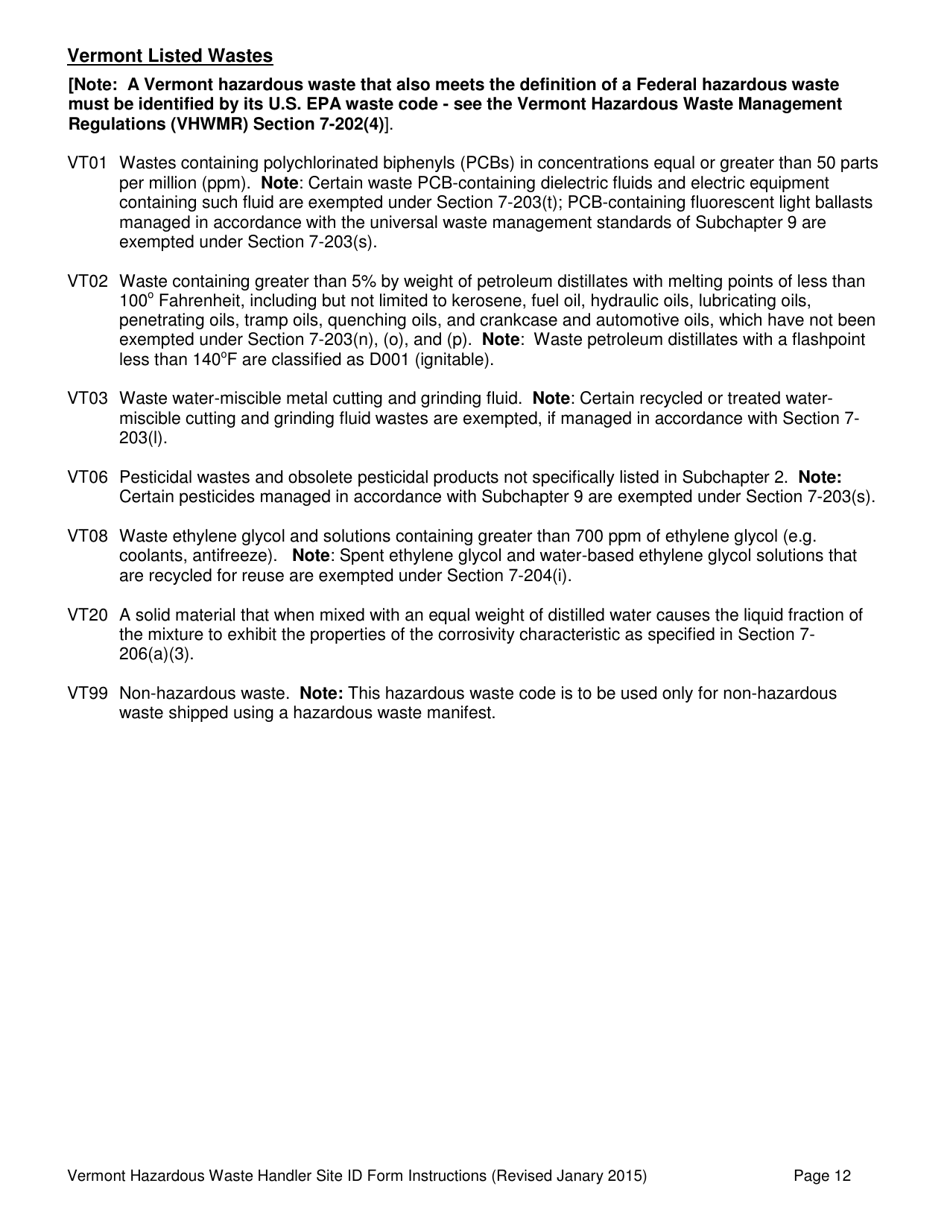 Instructions for Vt Hazardous Waste Handler Site Id Form - Vermont, Page 12