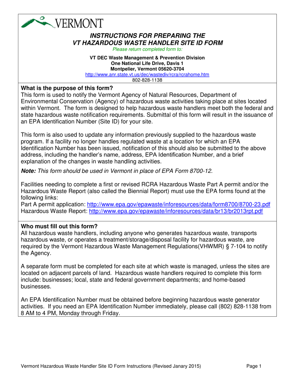 Instructions for Vt Hazardous Waste Handler Site Id Form - Vermont, Page 1