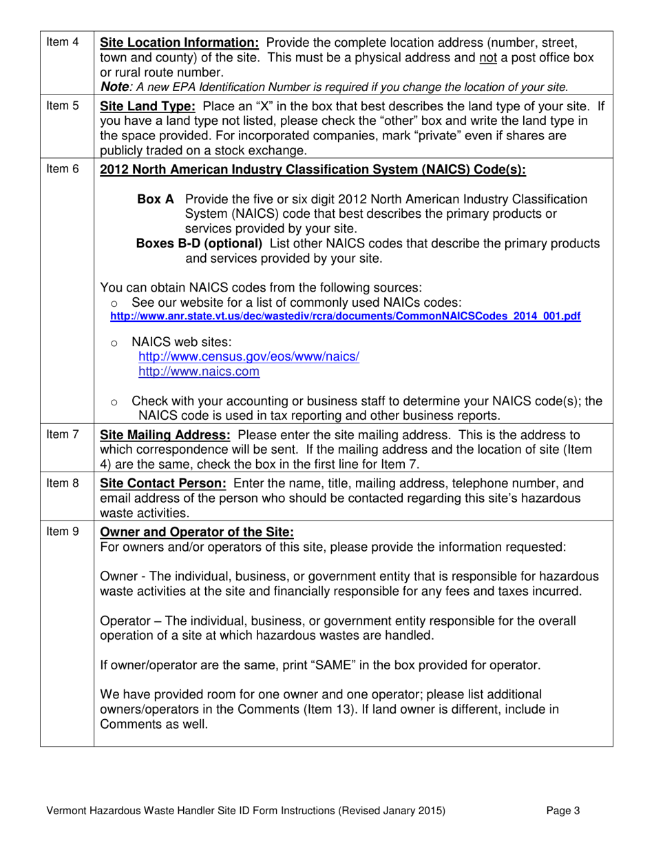 Download Instructions for Vt Hazardous Waste Handler Site Id Form PDF