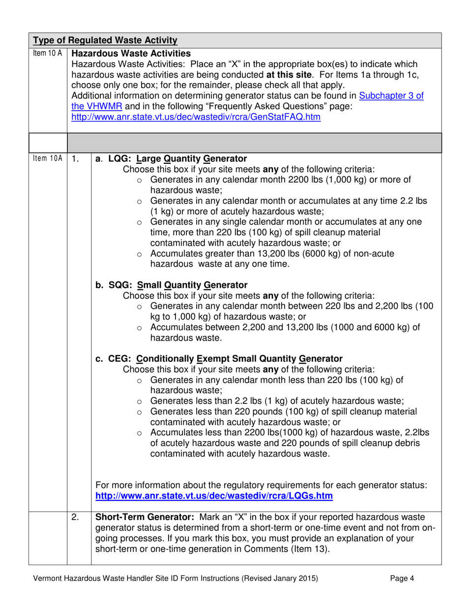 Download Instructions for Vt Hazardous Waste Handler Site Id Form PDF