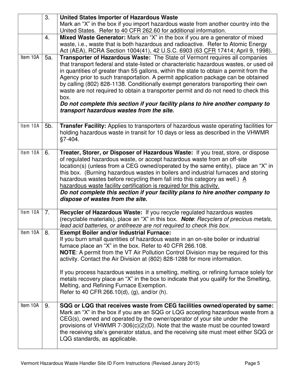 Download Instructions for Vt Hazardous Waste Handler Site Id Form PDF