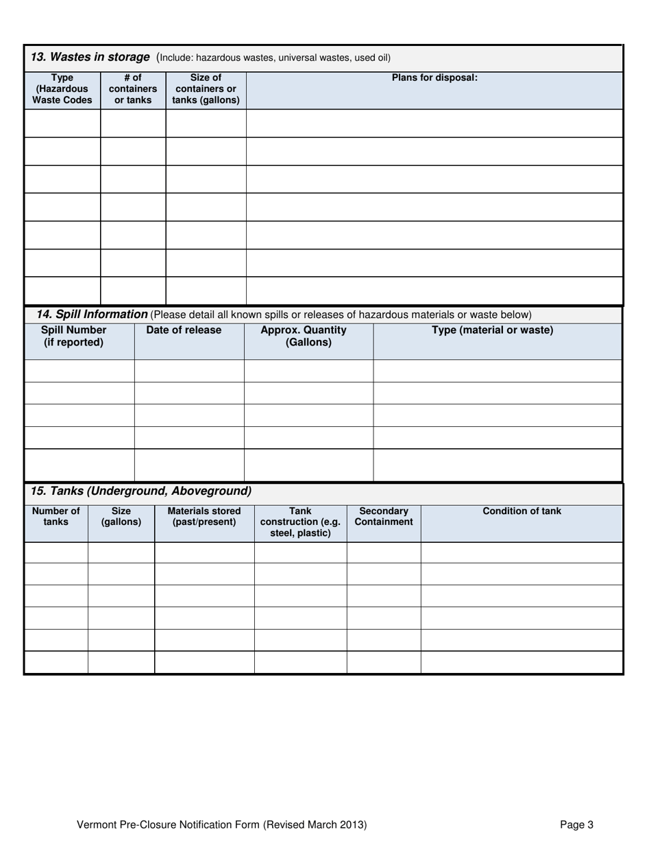 Hazardous Waste Generator Pre-closure Notification Form - Vermont, Page 3