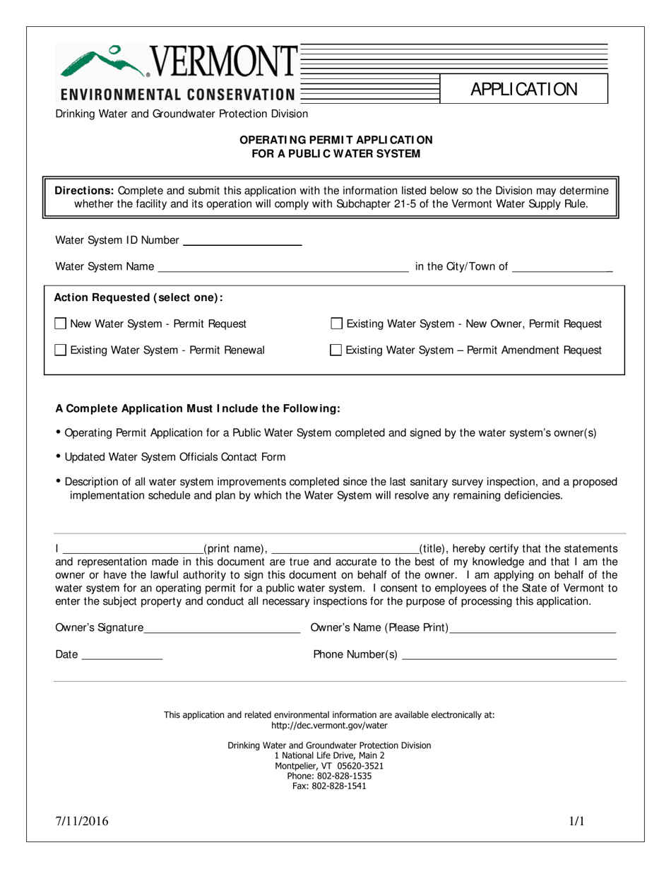 Operating Permit Application for a Public Water System - Vermont, Page 1