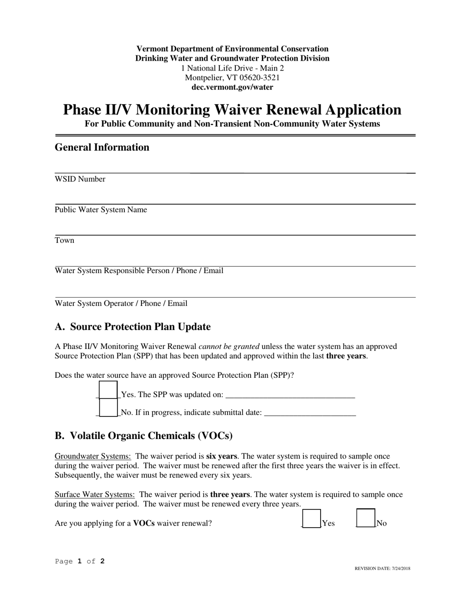 Phase II/V Monitoring Waiver Renewal Application Form - Vermont, Page 1