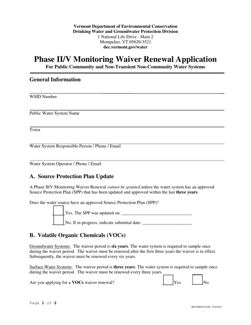 Phase II/V Monitoring Waiver Renewal Application Form - Vermont Download Pdf