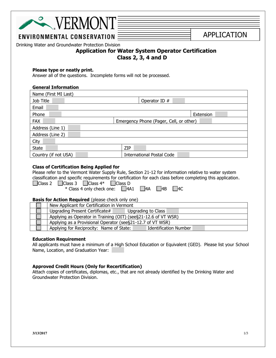 Certified Operator Application (Class 2, 3, 4  D) - Vermont, Page 1