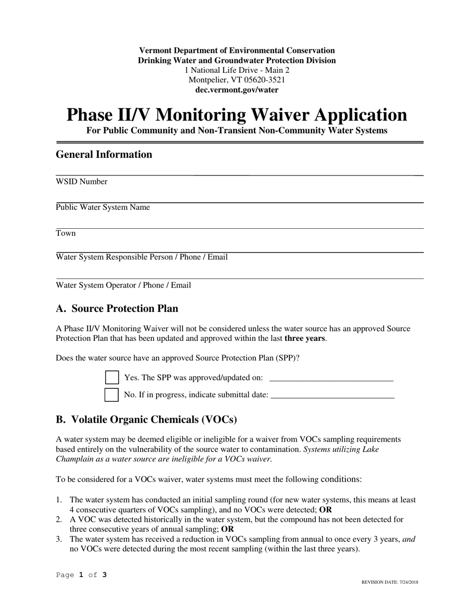 Phase II / V Monitoring Waiver Application Form - Vermont, Page 1