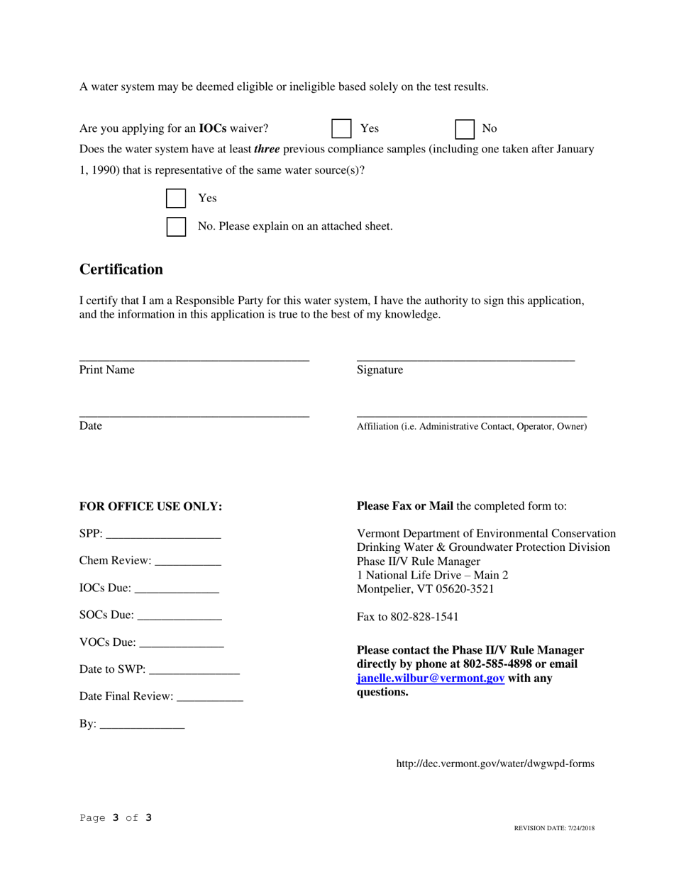 Phase II / V Monitoring Waiver Application Form - Vermont, Page 3