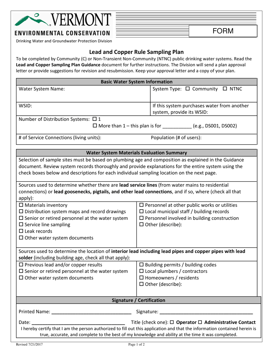 Lead and Copper Rule Sampling Plan Form - Vermont, Page 1