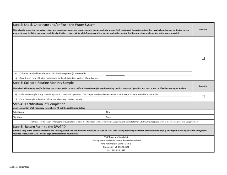 Seasonal Start-Up Procedures and Certification - Public Water Systems Serving Groundwater - Vermont, Page 2
