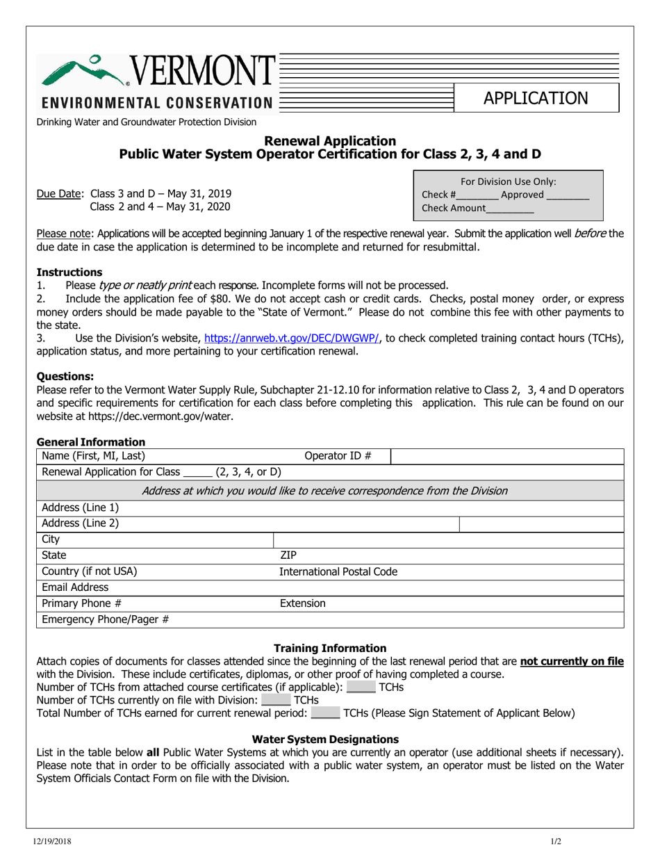 Renewal Application Public Water System Operator Certification for Class 2, 3, 4 and D - Vermont, Page 1