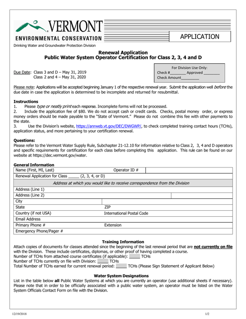Renewal Application Public Water System Operator Certification for Class 2, 3, 4 and D - Vermont Download Pdf