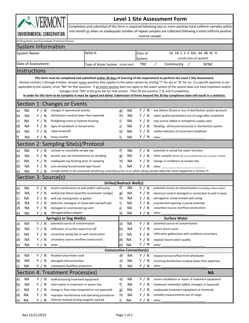 Level 1 Site Assessment Form - Vermont, Page 1