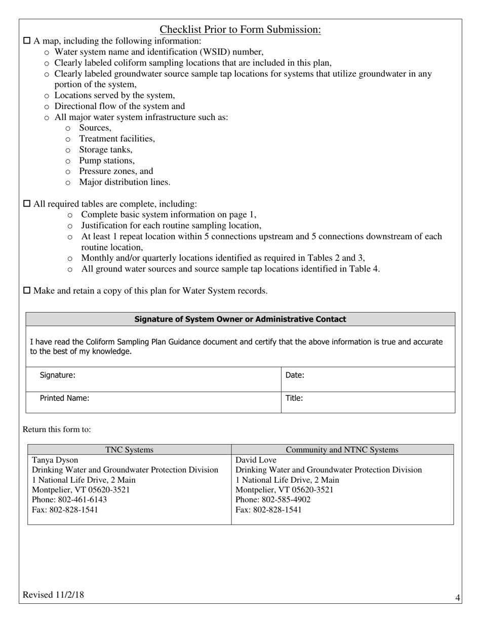 Revised Total Coliform Rule (Rtcr) - Coliform Sampling Plan for All Public Water Systems Serving a Population of 1,000 or Less - Vermont, Page 4