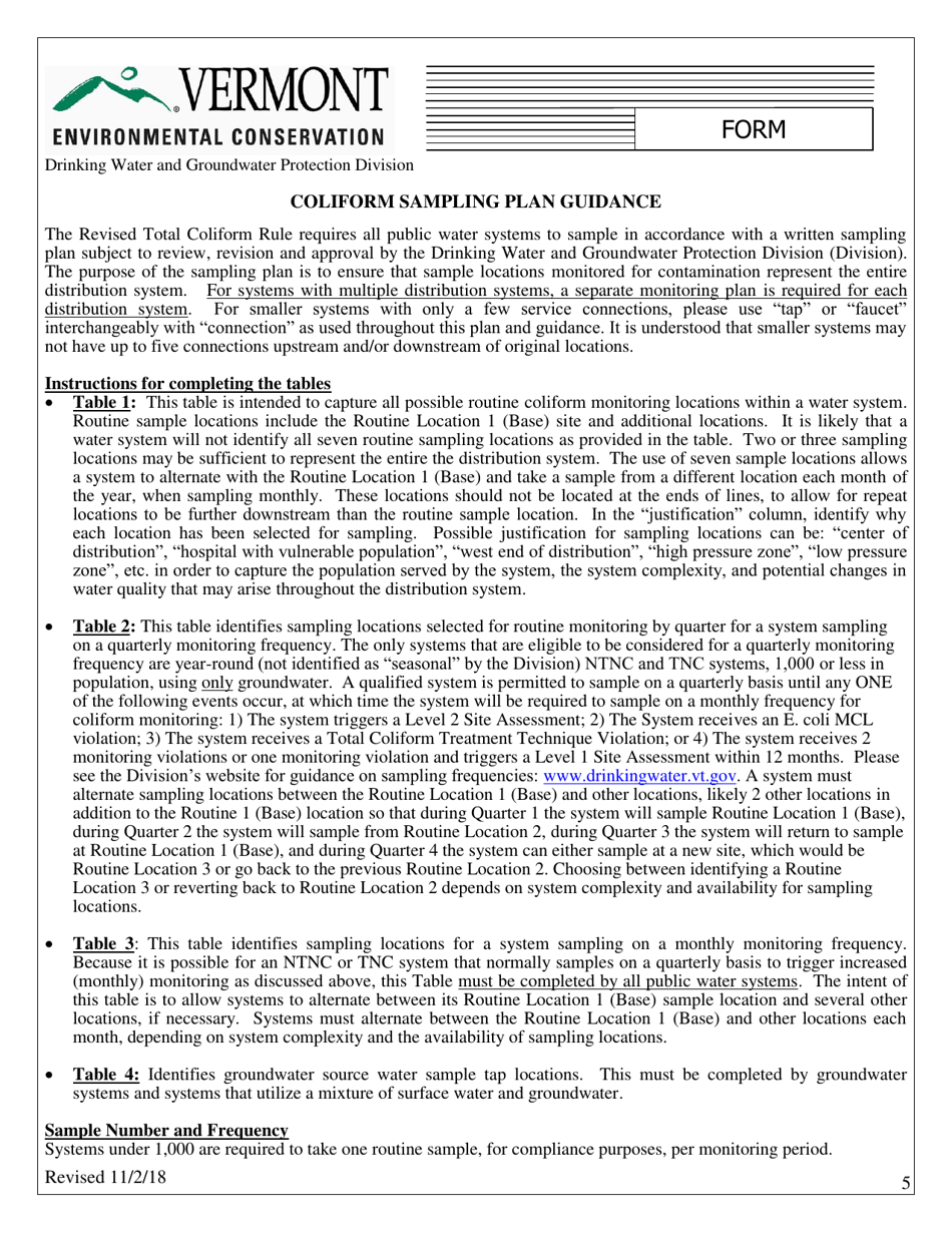 Revised Total Coliform Rule (Rtcr) - Coliform Sampling Plan for All Public Water Systems Serving a Population of 1,000 or Less - Vermont, Page 5