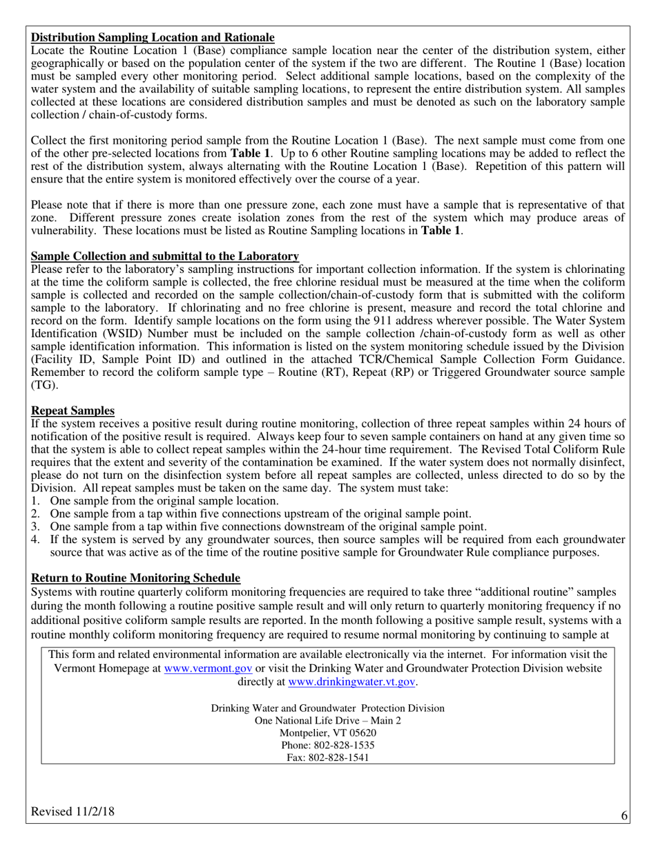 Vermont Revised Total Coliform Rule (Rtcr) - Coliform Sampling Plan for ...