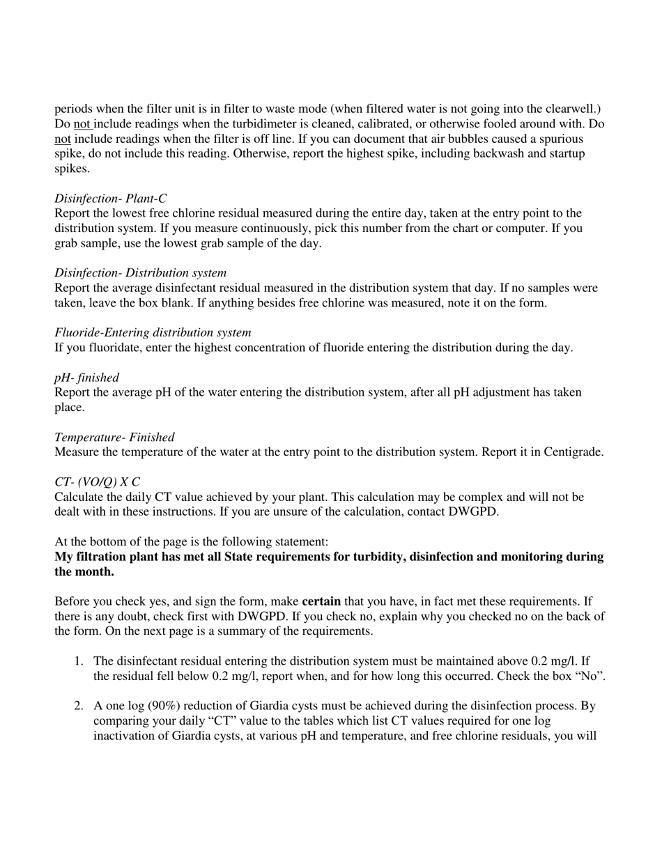 Instructions for Monthly Operations Report for Filtered Surface Water Systems - Vermont, Page 3
