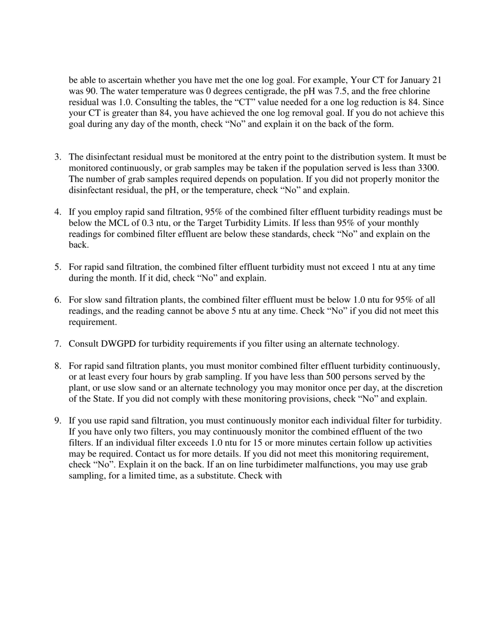 Instructions for Monthly Operations Report for Filtered Surface Water Systems - Vermont, Page 4