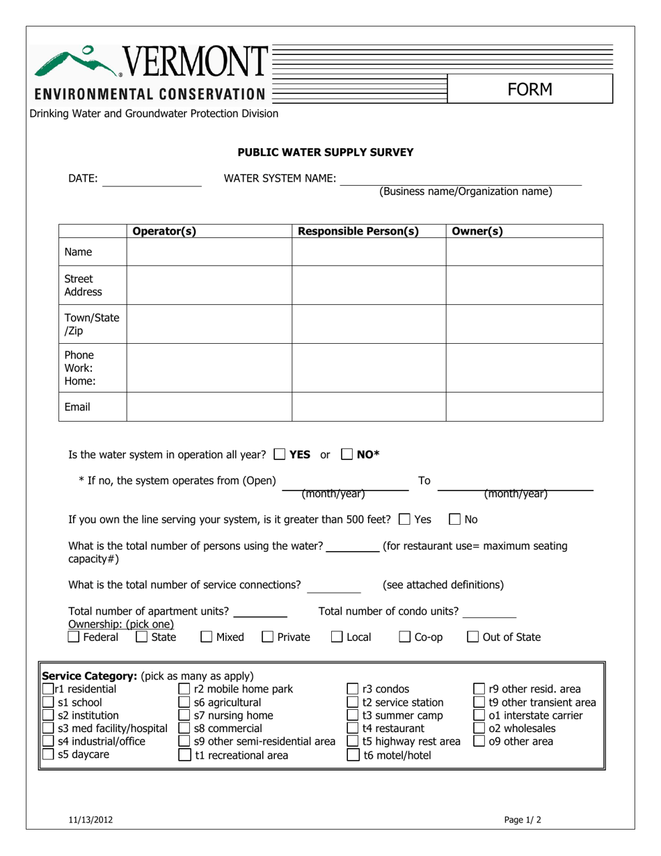 Public Water Supply Survey Form - Vermont, Page 1
