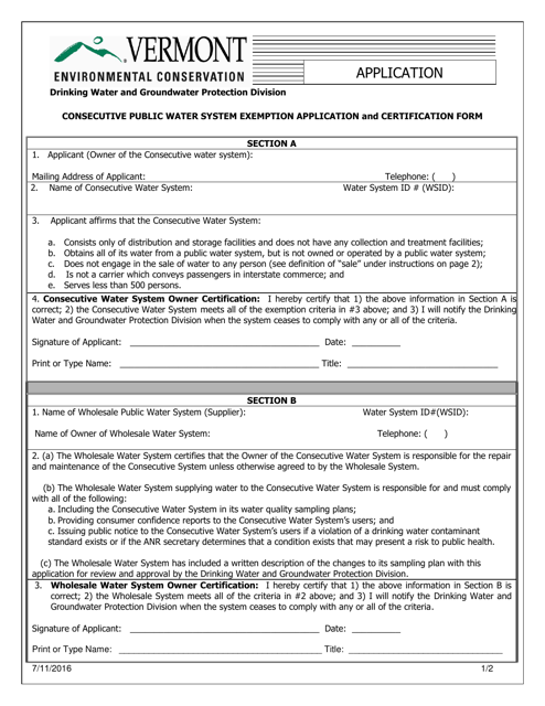 Consecutive Public Water System Exemption Application and Certification Form - Vermont