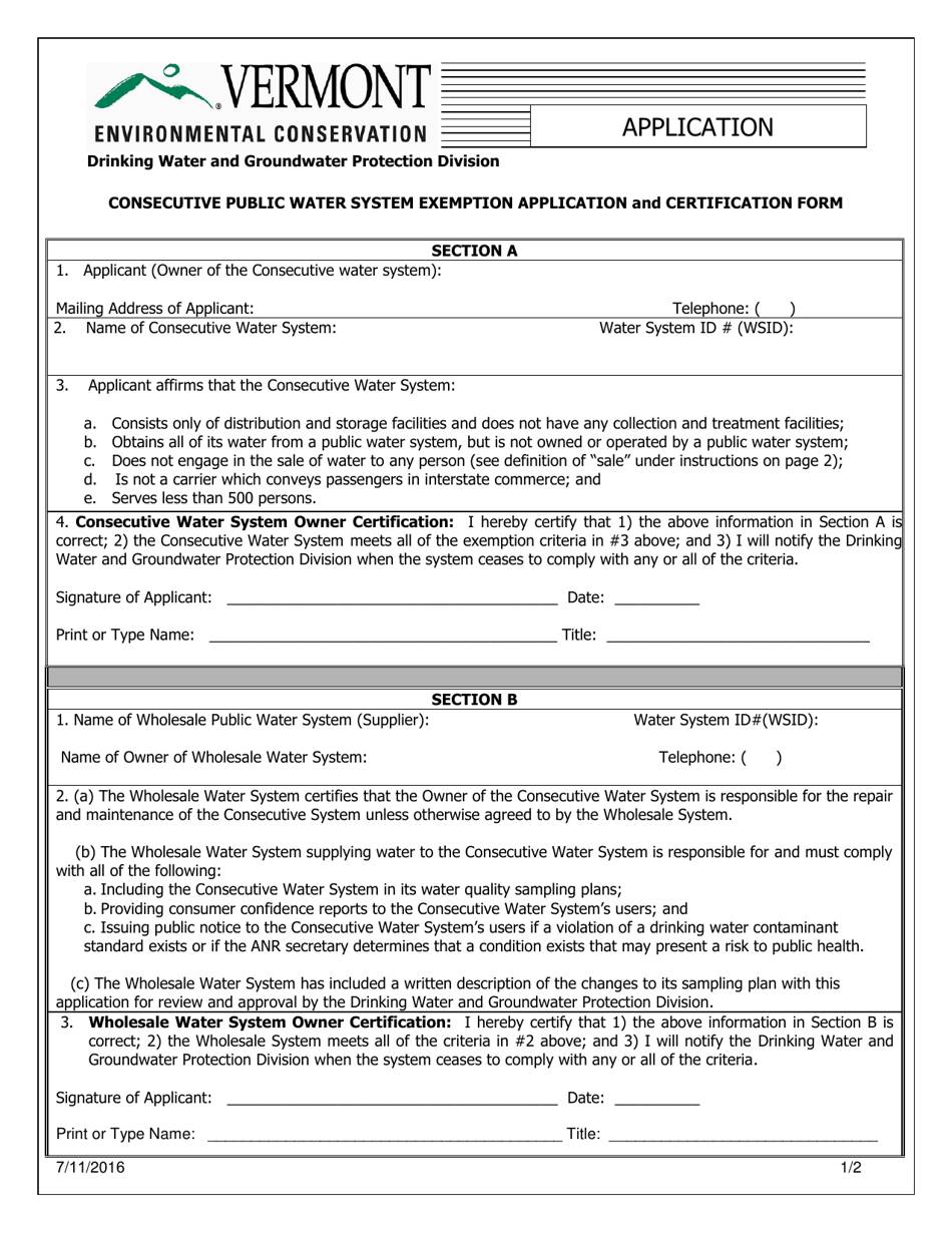 Consecutive Public Water System Exemption Application and Certification Form - Vermont, Page 1