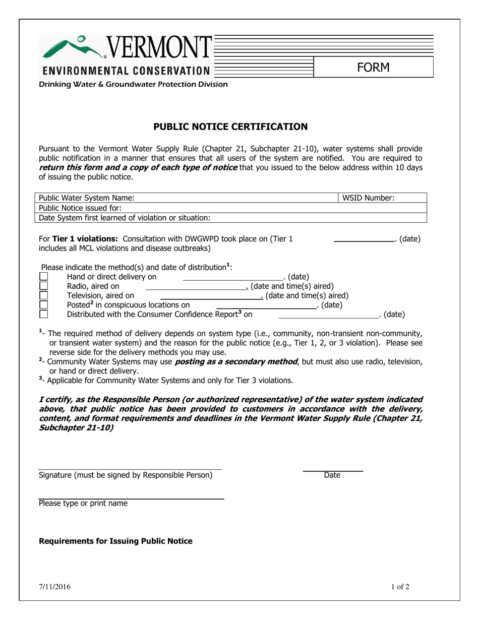 Public Notice Certification Form - Vermont, Page 1