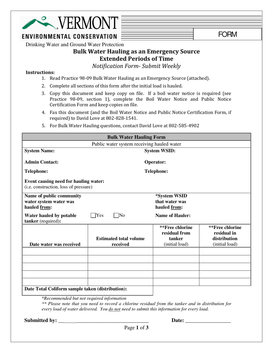 Bulk Water Hauling as an Emergency Source - Extended Periods of Time - Notification Form - Vermont, Page 1