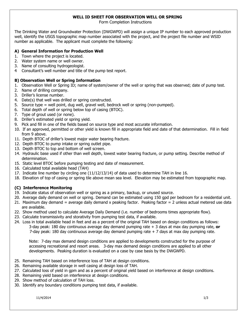 Observation Well or Spring Id Sheet - Vermont, Page 3