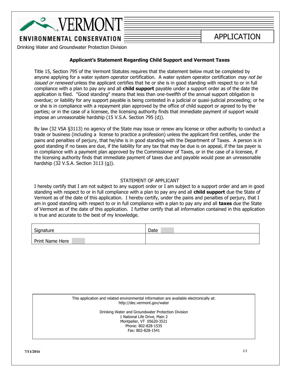 Applicants Statement Regarding Child Support and Vermont Taxes - Vermont, Page 1