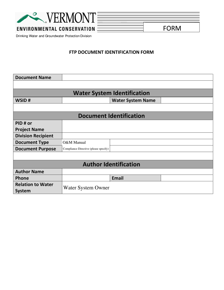 Ftp Document Identification Form - Vermont, Page 1