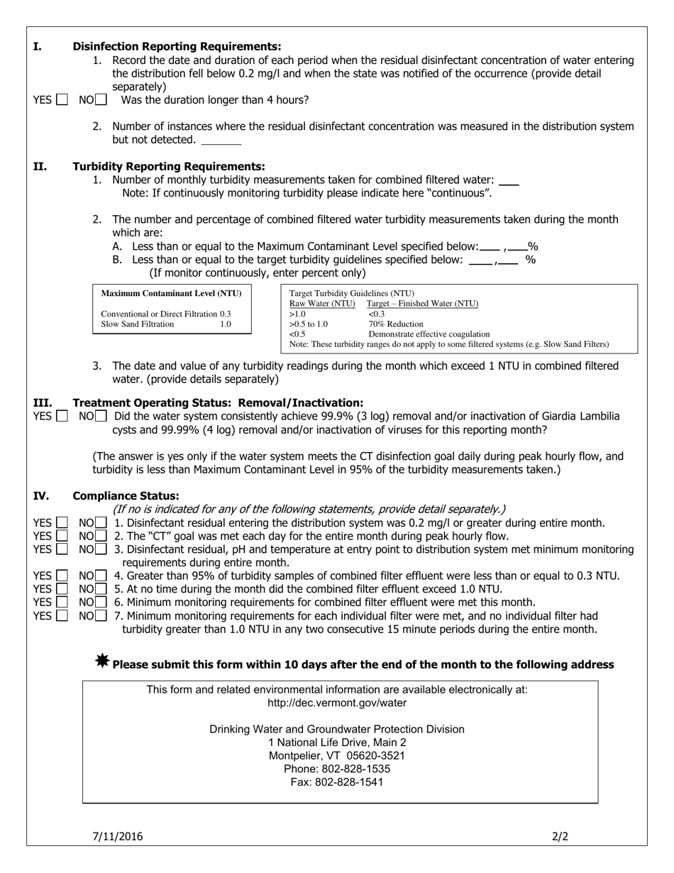 Vermont Monthly Water System Operations Report for Filtered Surface Water Systems - Vermont, Page 2