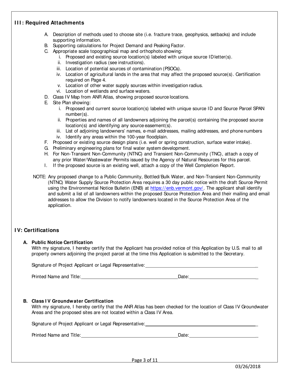 Public Source Water Permit Application Form - Vermont, Page 3