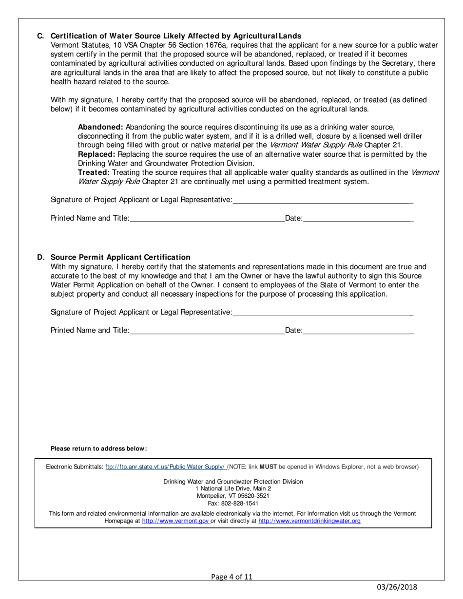 Public Source Water Permit Application Form - Vermont, Page 4