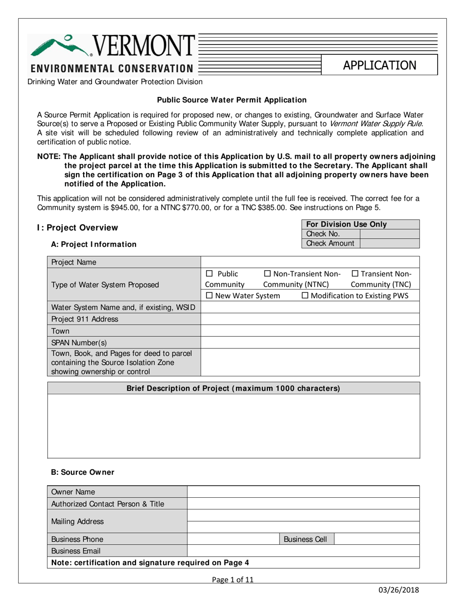 Vermont Public Source Water Permit Application Form Fill Out, Sign