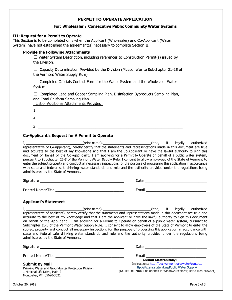 Permit to Operate Application for Wholesaler / Consecutive Public Water Systems - Vermont, Page 3