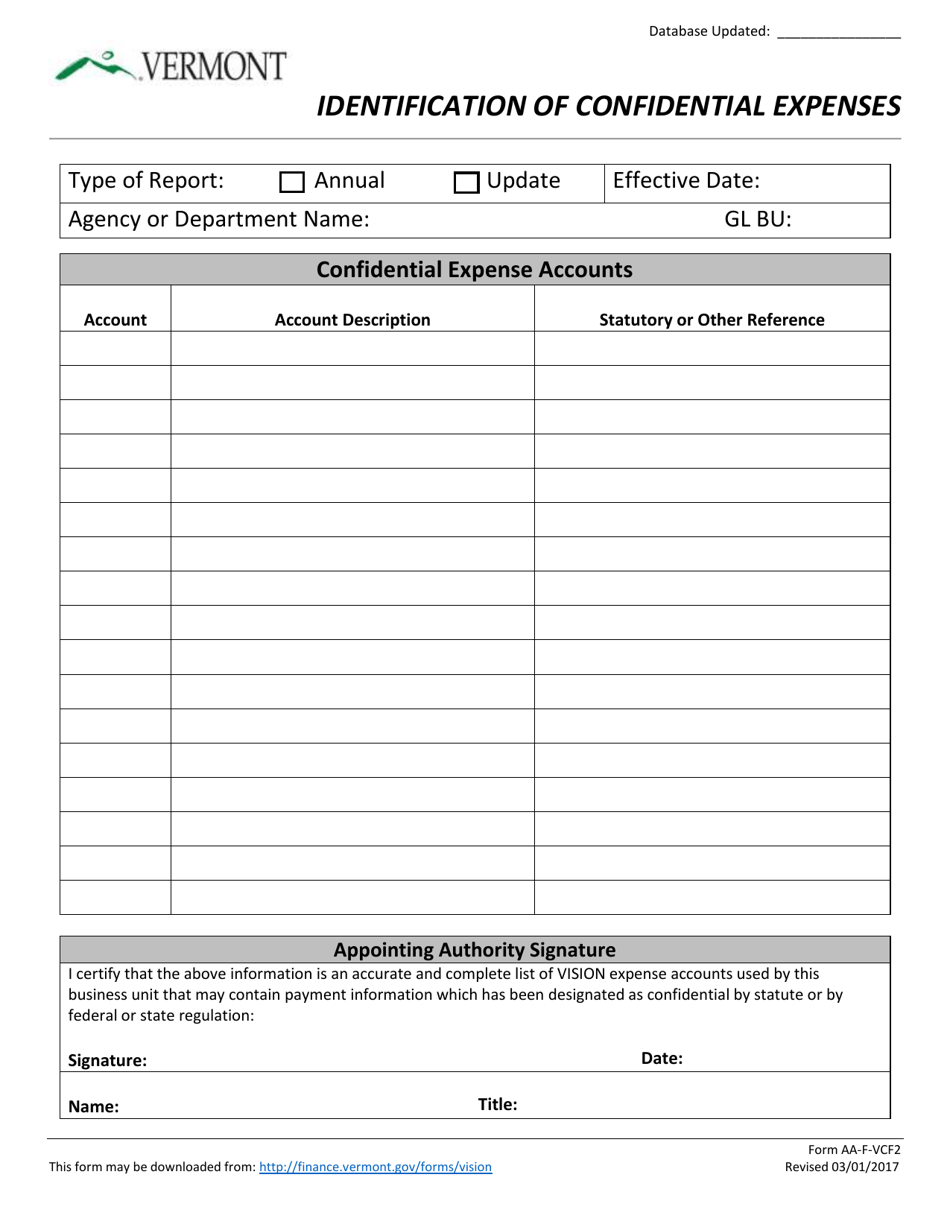 Form AA-F-VCF2 Identification of Confidential Expenses - Vermont, Page 1