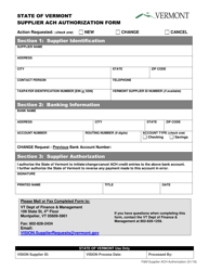 Document preview: Supplier ACH Authorization Form - Vermont