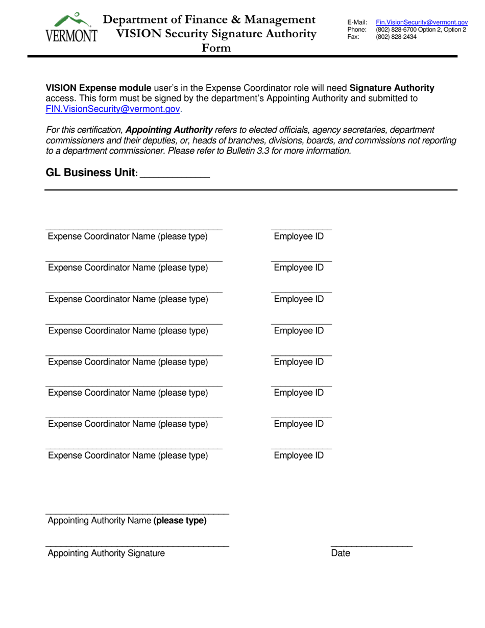 Vision Security Signature Authority Form - Vermont, Page 1