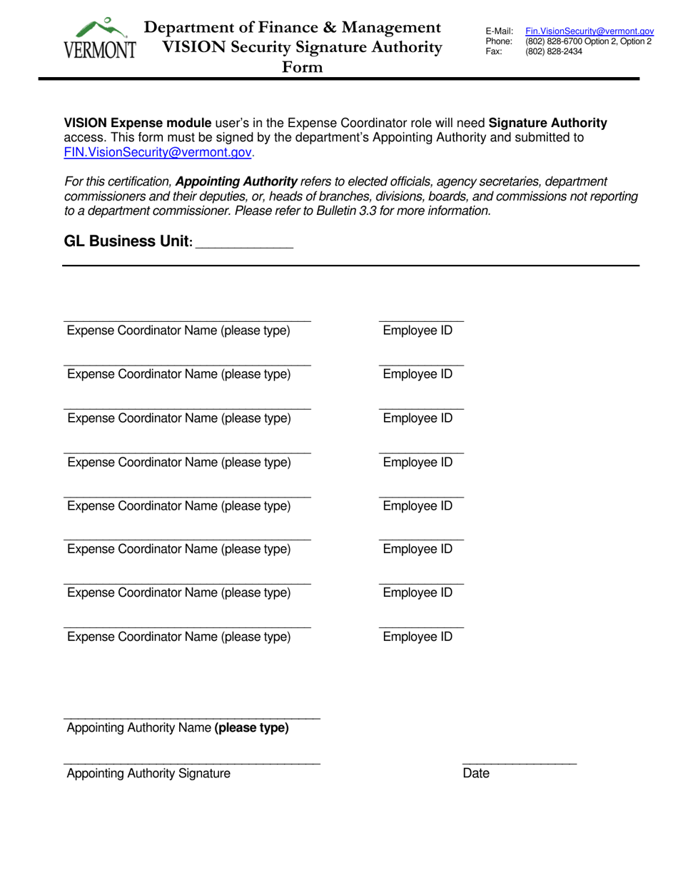 Vermont Vision Security Signature Authority Form Fill Out, Sign