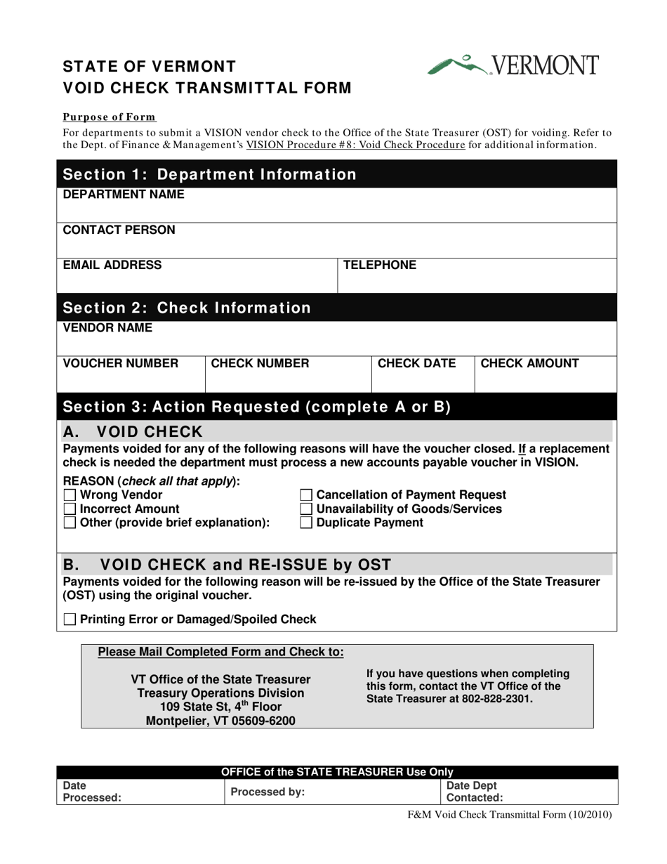 Void Check Transmittal Form - Vermont, Page 1