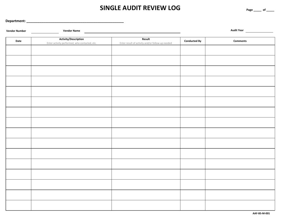 Form AAF-B5-M-001 Single Audit Review Log - Vermont, Page 1
