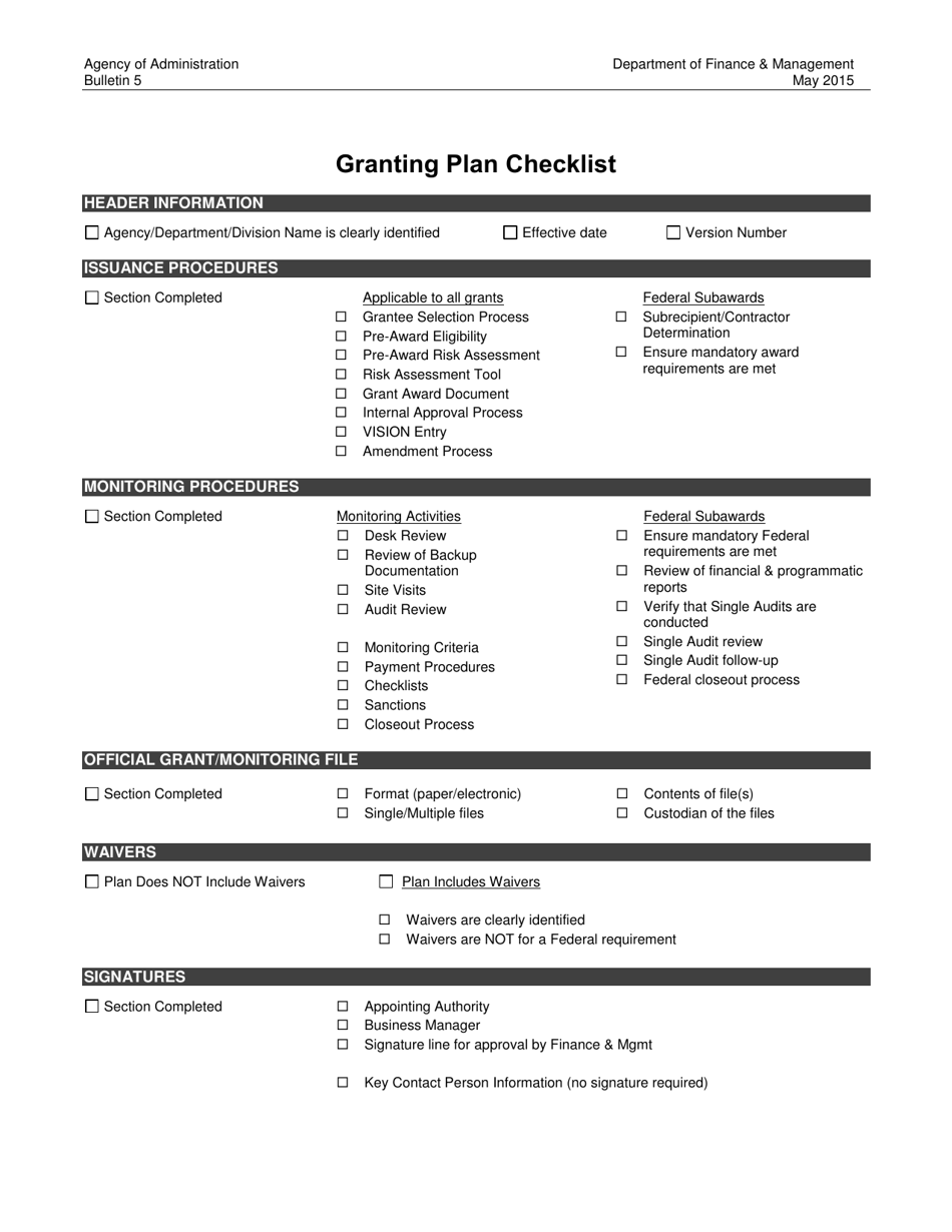 Granting Plan Checklist - Vermont, Page 1